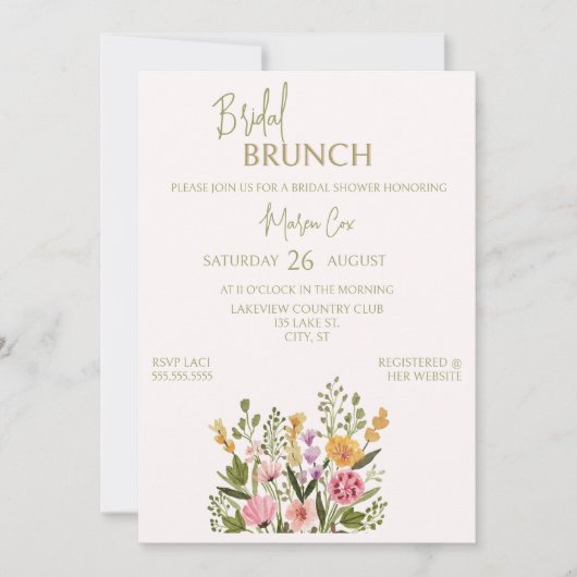Farbenfrohe Wasserfarbe Blumenbraut BridaI Brunch Einladung (Vorderseite)