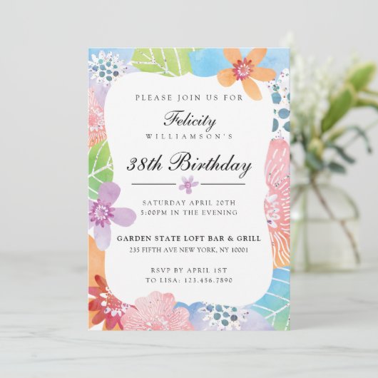 Farbenfrohe Wasserfarbe Blumengeburtstag Einladung (Stehend Vorderseite)