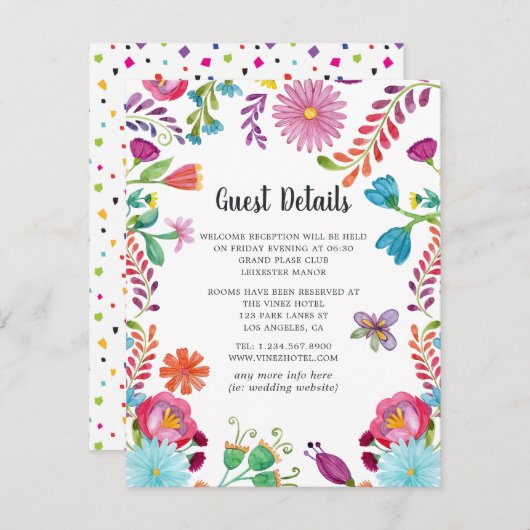 Farbenfrohe Wasserfarbe Floral Fiesta Gastdetails Begleitkarte (Vorne/Hinten)