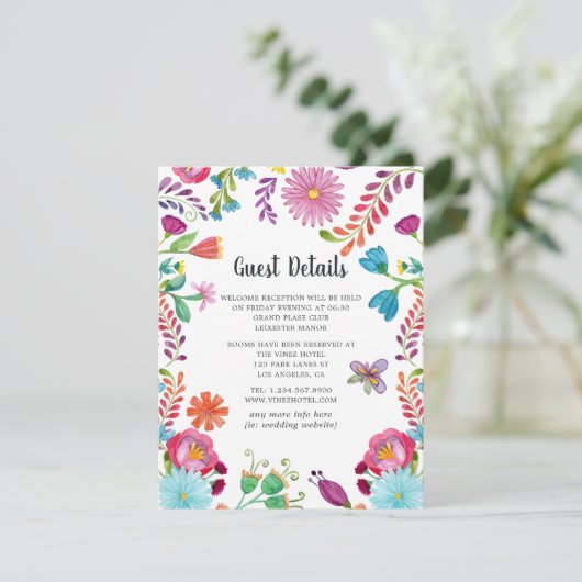Farbenfrohe Wasserfarbe Floral Fiesta Gastdetails Begleitkarte (Stehend Vorderseite)