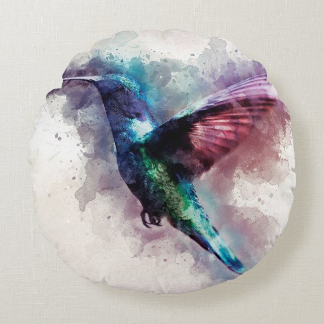 Farbenfrohe Wasserfarbe Hummingbird Rundes Kissen (Vorderseite)