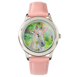 Farbenfrohe Wasserfarbe Rosa Pferd Armbanduhr