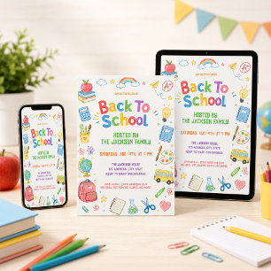 Farbenfrohe Wasserfarben-Back-to-School-Party Einladung