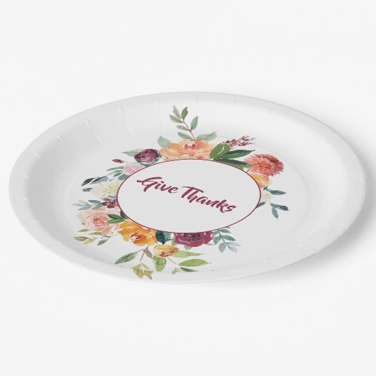 Farbenfrohe Wasserfarben fallen Floral Danke Pappteller (Schrägansicht)