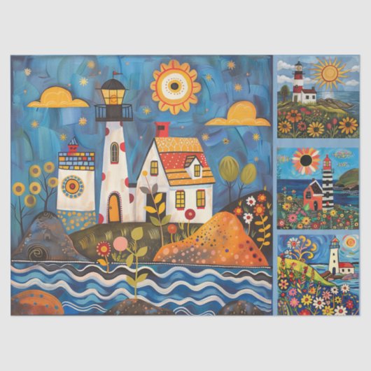 Farbenfrohe Wasserfarben Folk Art Light Houses Seidenpapier (Vorderseite)