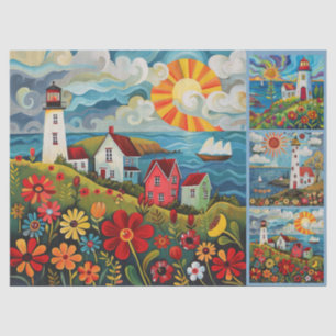 Farbenfrohe Wasserfarben Folk Art Light Houses Seidenpapier