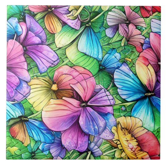 Farbenfrohe Wasserfarben Garten Fliese (Vorderseite)