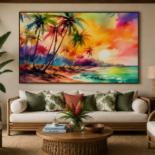 Farbenfrohe Wasserfarben Sonnenuntergang Tropical  Leinwanddruck