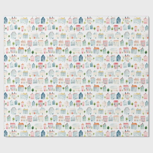 Farbenfrohe Wasserfarbenhäuser Geschenkpapier (Flach)