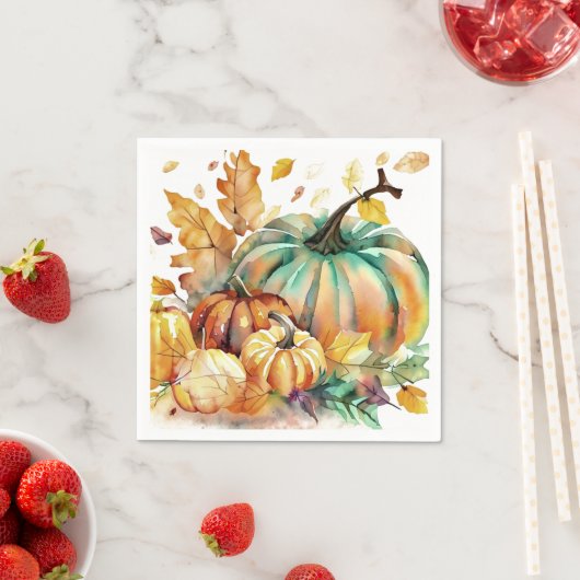 Farbenfrohe Wasserfarbenkürbis und Blätter Serviette (Beispiel)