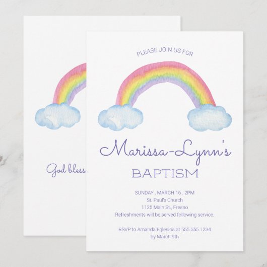 Farbenfrohe Wasserfarbenrennbogentaufe oder Weihna Einladung (Vorne/Hinten)