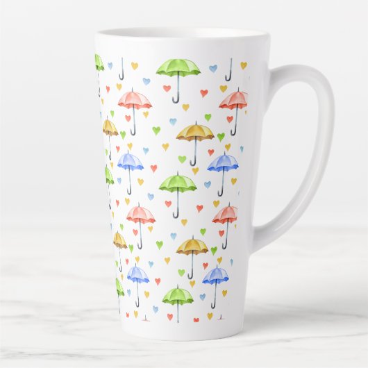 Farbenfrohe Wasserfarbenschirme und herabfallende  Milchtasse (Rechts)