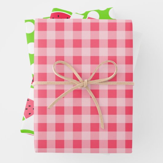 Farbenfrohe Wassermelonen Punkte und Gingham Geschenkpapier Set (Beispiel)