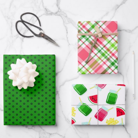 Farbenfrohe Wassermelonen Punkte und Karierte Geschenkpapier Set (Vorderseite)