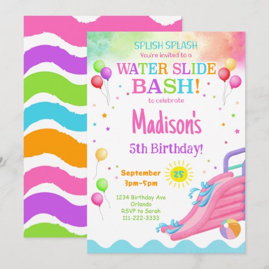Farbenfrohe Wasserrutsche Geburtstagsbash-Einladun Einladung (Vorne/Hinten)