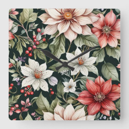 Farbenfrohe Weihnachts-Blume Elegant Schwarz Quadratische Wanduhr