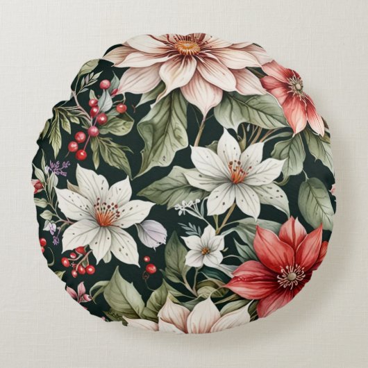 Farbenfrohe Weihnachts-Blume Elegant Schwarz Rundes Kissen (Vorderseite)