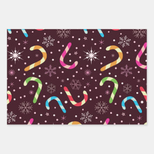 Farbenfrohe Weihnachts-Zuckerhut-Streifen mit Schn Geschenkpapier Set