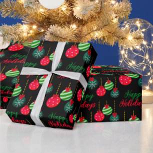 Farbenfrohe Weihnachtsbälle Happy Holidays Black Geschenkpapier
