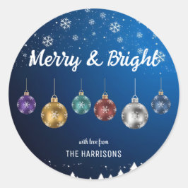 Farbenfrohe Weihnachtsbälle Schneeflocken Blau Runder Aufkleber