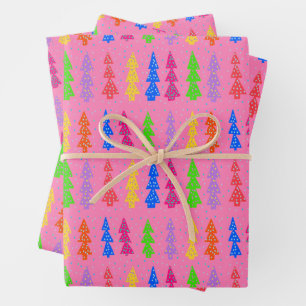 Farbenfrohe Weihnachtsbaum Pop Art Pink Geschenkpapier Set