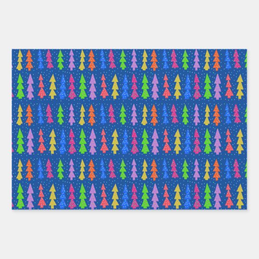 Farbenfrohe Weihnachtsbäume auf blau Geschenkpapier Set (Vorderseite)