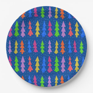 Farbenfrohe Weihnachtsbäume auf blau Pappteller