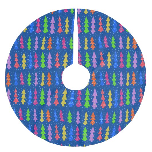 Farbenfrohe Weihnachtsbäume auf blau Polyester Weihnachtsbaumdecke (Vorderseite)