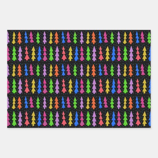 Farbenfrohe Weihnachtsbäume auf schwarz Geschenkpapier Set (Vorderseite 3)