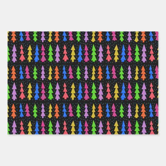 Farbenfrohe Weihnachtsbäume auf schwarz Geschenkpapier Set (Vorderseite 2)