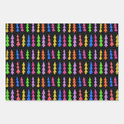 Farbenfrohe Weihnachtsbäume auf schwarz Geschenkpapier Set (Vorderseite)