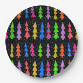 Farbenfrohe Weihnachtsbäume auf schwarz Pappteller (Vorderseite)