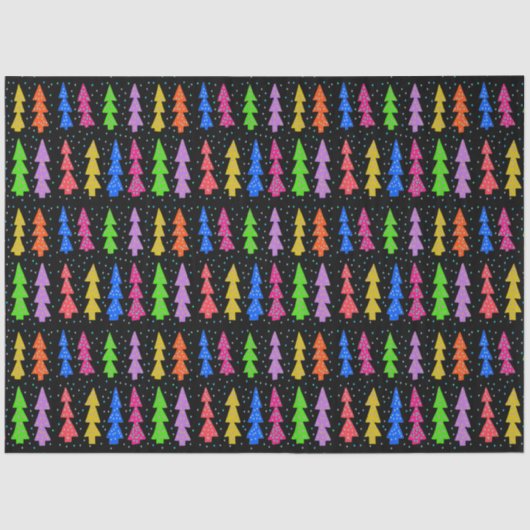 Farbenfrohe Weihnachtsbäume auf schwarz Seidenpapier (Vorderseite)