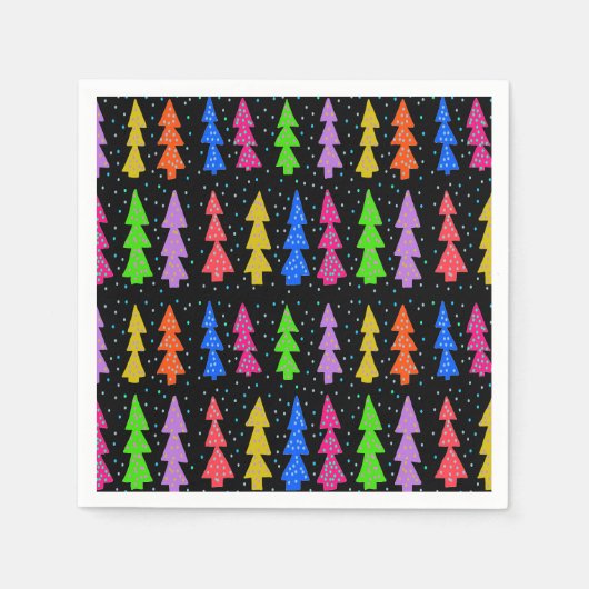 Farbenfrohe Weihnachtsbäume auf schwarz Serviette (Vorderseite)