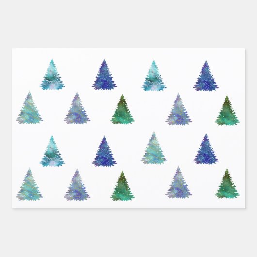 Farbenfrohe Weihnachtsbäume Geschenkpapier Set (Vorderseite)