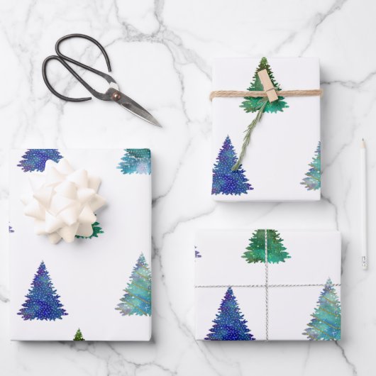 Farbenfrohe Weihnachtsbäume Geschenkpapier Set (Vorderseite)