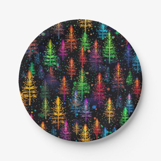 Farbenfrohe Weihnachtsbaumglühen im Dunkelwald Pappteller (Vorderseite)