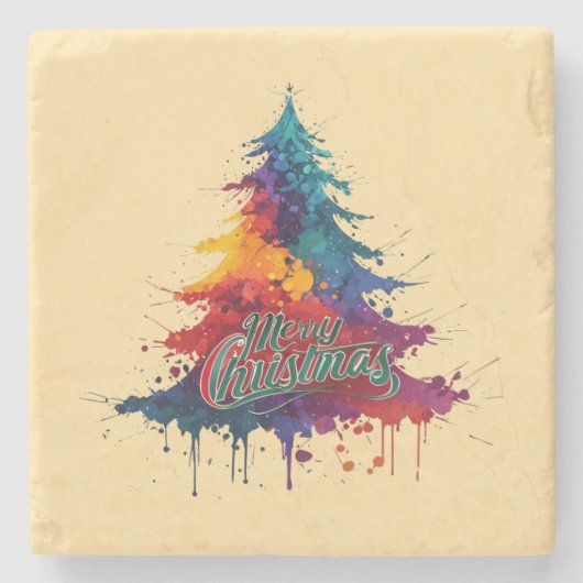 Farbenfrohe Weihnachtsbaumkunst - Frohe Weihnachts Steinuntersetzer (Vorderseite)