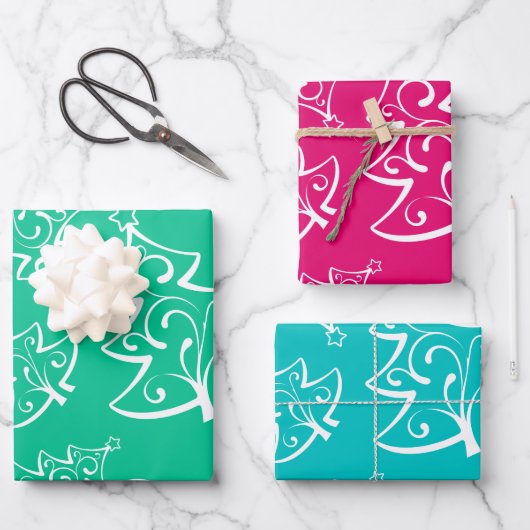 Farbenfrohe Weihnachtsbaummuster Geschenkpapier Set (Vorderseite)