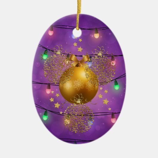 Farbenfrohe Weihnachtsbeleuchtung & Goldene Orname Keramik Ornament (Vorne)