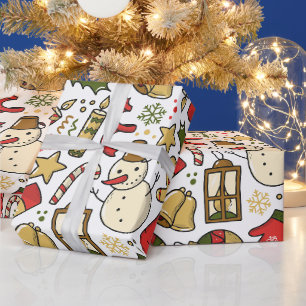 Farbenfrohe Weihnachtsfeier mit Schneemann Geschenkpapier