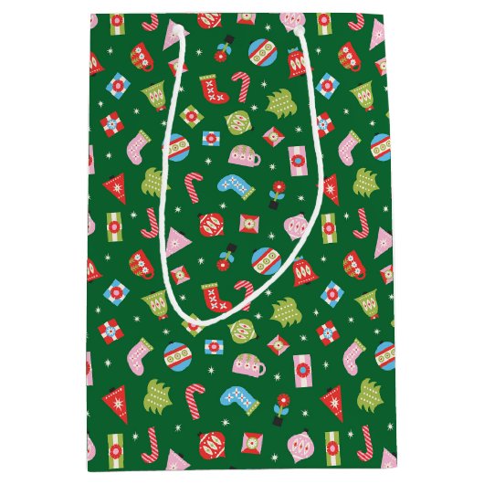 Farbenfrohe Weihnachtsgeschenke über grünes Wrappi Mittlere Geschenktüte (Vorderseite)