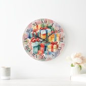 Farbenfrohe Weihnachtsgeschenke Wasserfarben Muste Große Wanduhr (Zuhause)