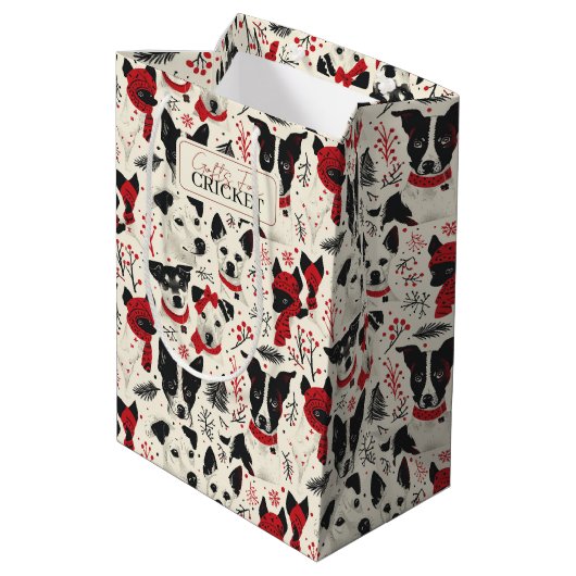 Farbenfrohe Weihnachtshunde Muster Mittlere Geschenktüte (Rückseite Schrägansicht)