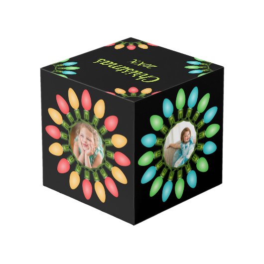 Farbenfrohe Weihnachtslichter Grafischer Foto Cube Würfel (Rückseite Schrägansicht)