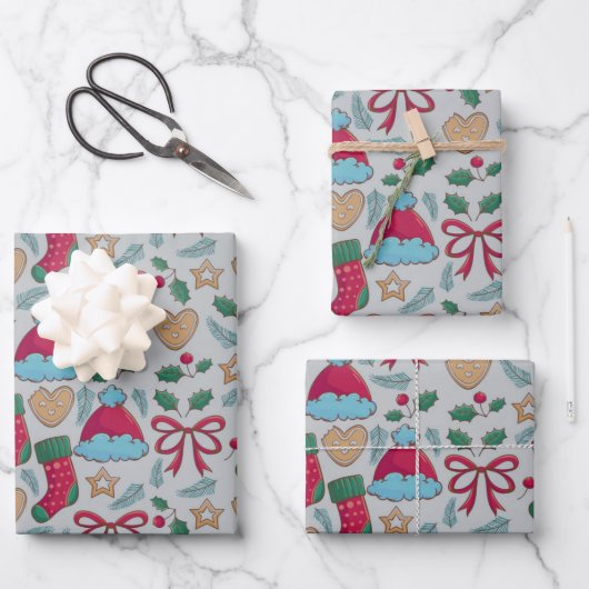 Farbenfrohe Weihnachtsmuster Geschenkpapier Set (Vorderseite)