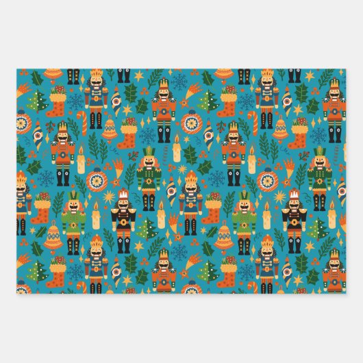 Farbenfrohe Weihnachtsmuster mit Nutcrackern Geschenkpapier Set (Vorderseite 3)