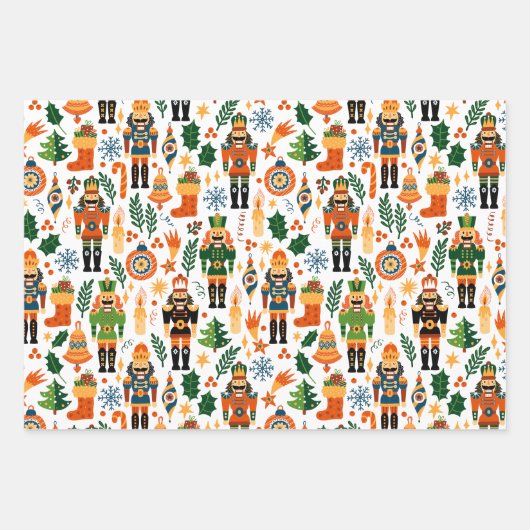 Farbenfrohe Weihnachtsmuster mit Nutcrackern Geschenkpapier Set (Vorderseite)