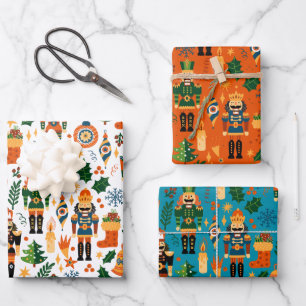 Farbenfrohe Weihnachtsmuster mit Nutcrackern Geschenkpapier Set