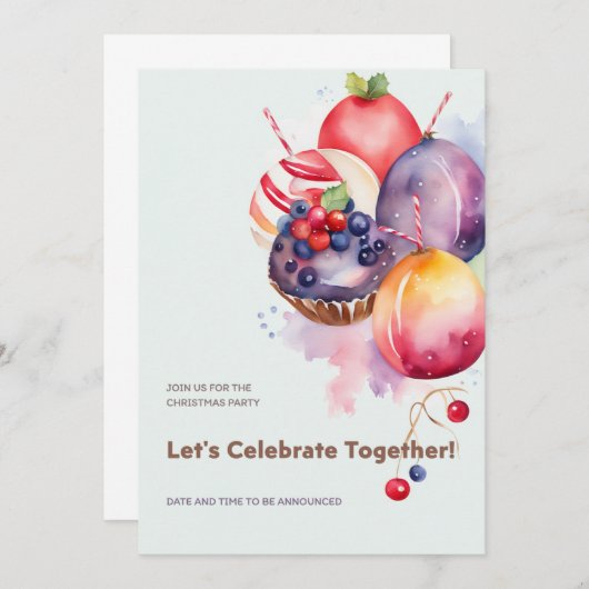 Farbenfrohe Weihnachtspudding, Obstkuchen und Bonb Einladung (Vorne/Hinten)